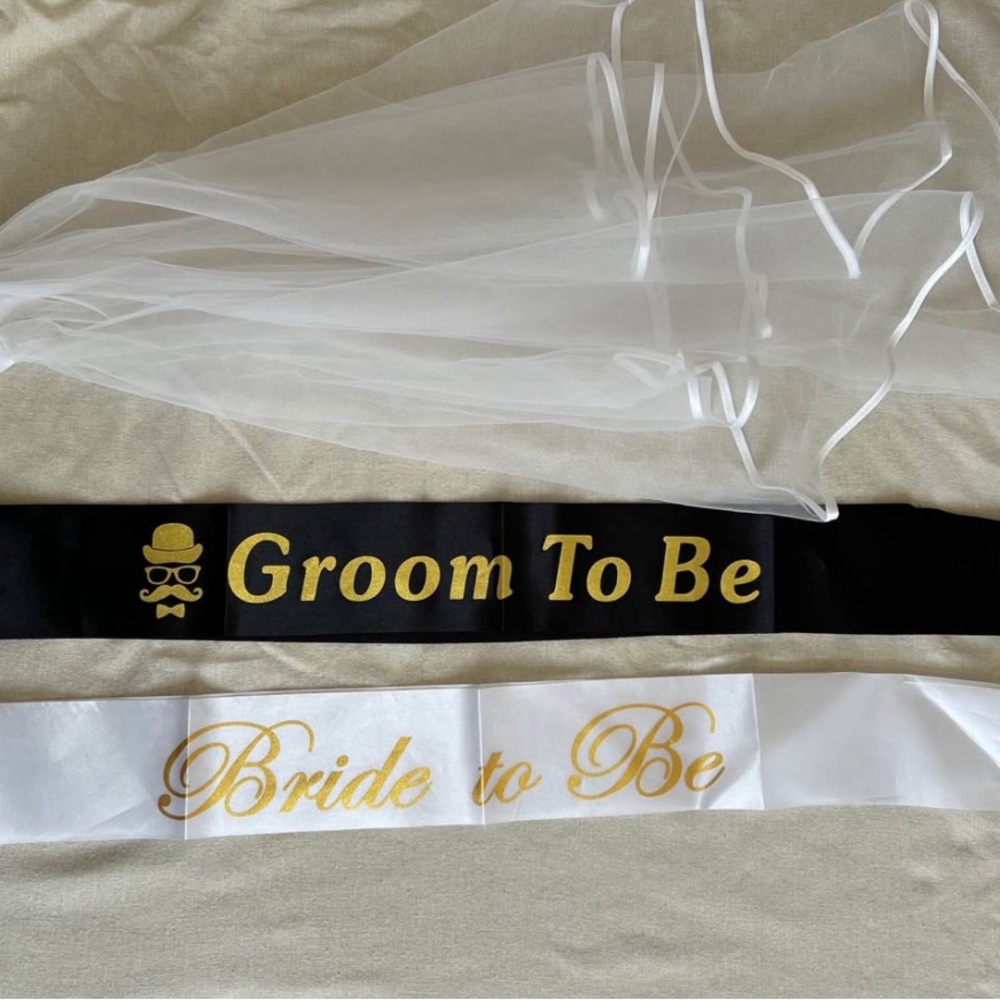 Bride and Groom To Be Sash Set - Black and White with Gold Accents